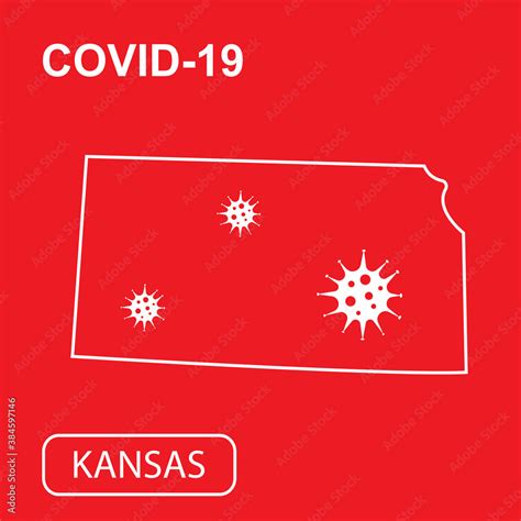 Map of Kansas State labeled "COVID-19". White outline map on a red ...