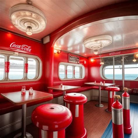 AI Art Generator: coca-cola advertisement, ferry interior, bar, tables ...