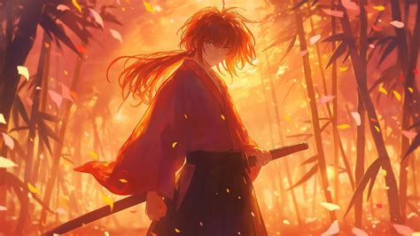 Rurouni Kenshin Samurai in Bamboo Forest Desktop Wallpaper 4k