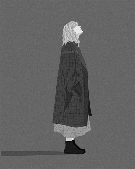 a drawing of a woman with white hair and black boots standing in front of a gray background