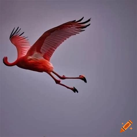 Pink flamingo bird flying in a storm