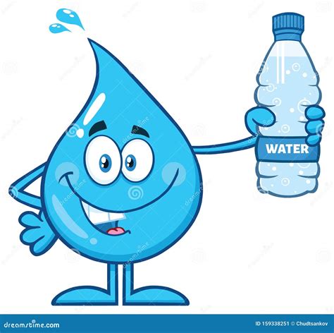 Happy Blue Water Drop Cartoon Mascot Character Holding a Bottled Water Stock Vector ...