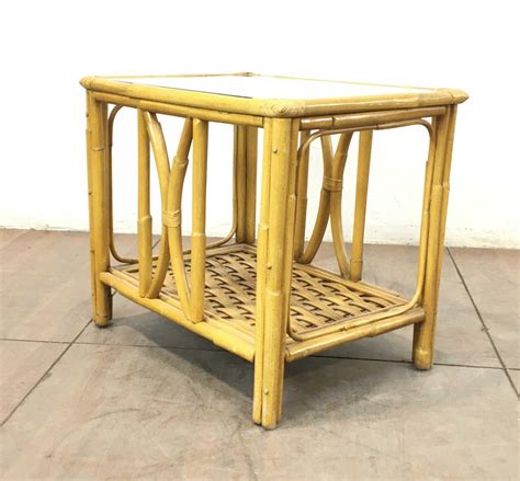 Lot - Mid Century Modern Bamboo & Glass Top End Table