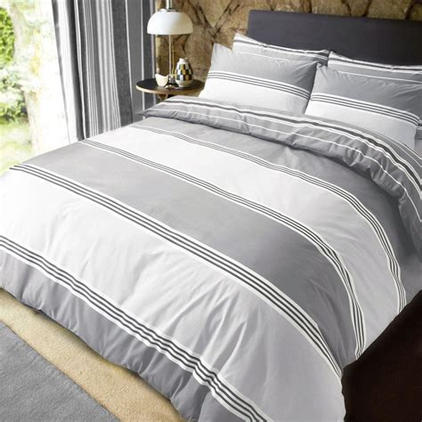 Luxury Banded Stripe Grey Duvet set Reversible Quilt Cover Bedding ...