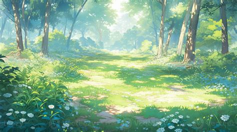 anime scenery of a path through a forest with flowers and trees ...