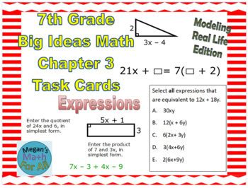 7th Grade Big Ideas Math Chapter 3 Task Cards-Common Core/MRL-Editable