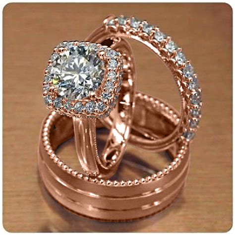 14k Rose Gold Trio Ring Set His Hers Diamond Engagement Bridal Wedding ...