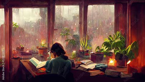 Ilustrace „Lofi Girl studying at her desk. Rain ourside, beautiful ...
