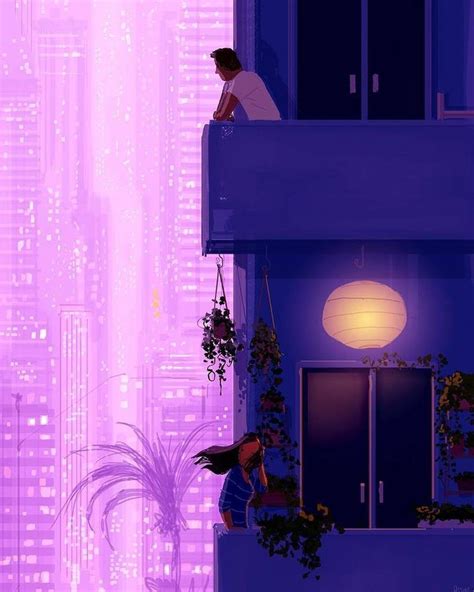 two people standing on the balcony of a tall building in front of a purple cityscape