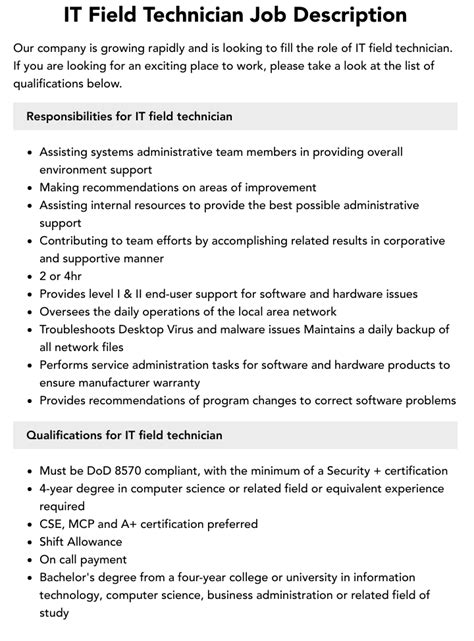 IT Field Technician Job Description | Velvet Jobs