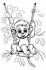 Premium Vector  Cute Baby monkey swinging On A swing Black And White sketch template