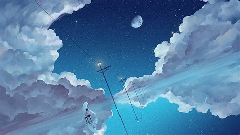 HD wallpaper: clouds and moon illustration, anime, anime girls, bears, sky | Wallpaper Flare ...