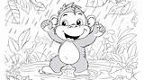 Rainy Day Dance Playful Baboon Cartoon For Kids Coloring Book Page  sketch template