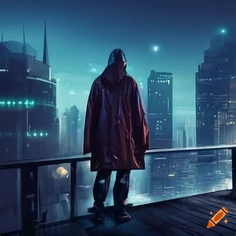 Sci-fi cityscape at night with a man in a raincoat on a rooftop on Craiyon