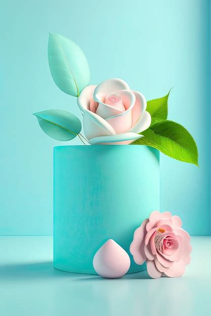 Premium Photo | Matte white round stone podium tree twig rose bouquet in blue glass vase in ...