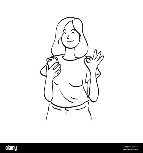 line art half length woman with smile holding smartphone and showing OK hand sign illustration ...