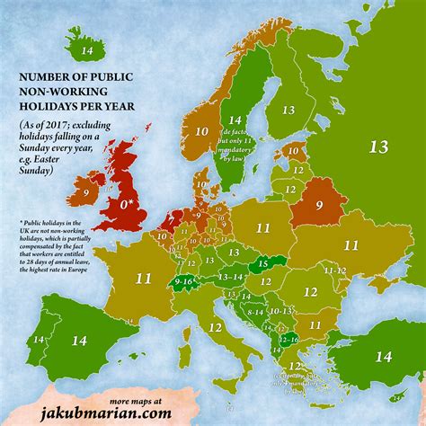 Number of public holidays by country in Europe