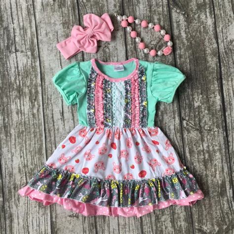 summer cotton design bunny baby girls kids boutique clothing dress sets print floral ruffles ...