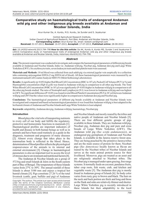 (PDF) Comparative study on haematological traits of endangered Andaman wild pig and other ...