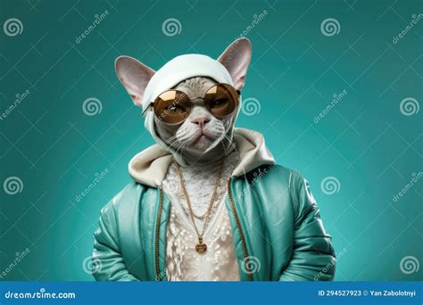 Devon Rex Cat Dressed As A Rapper On Mint Color Background Stock Photography | CartoonDealer.com ...