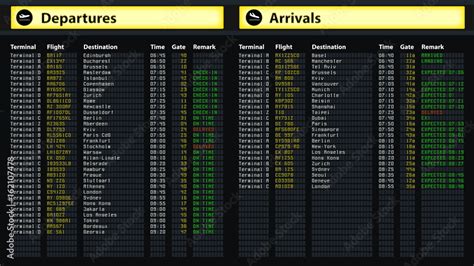 Flight schedule board at airport, travel information, arrivals and departures Stock Photo ...