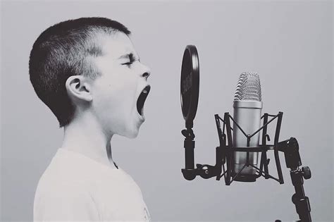 microphone, boy, studio, screaming, yelling, sing, singing, black and white, music, young, child ...