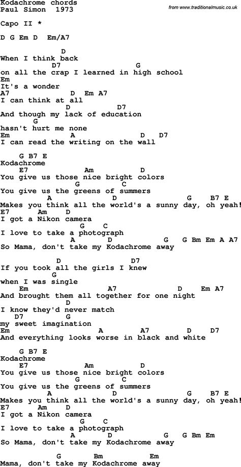 Song Lyrics with guitar chords for Kodachrome | Guitar lessons songs ...