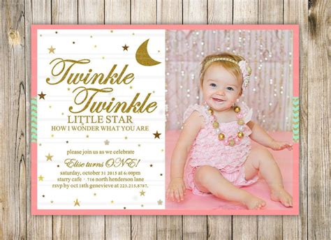 Twinkle Twinkle Little Star Birthday Invitation, Gold Pink Glitter Stars Invite | Twinkle ...