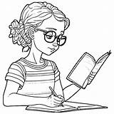 Girl With Glasses Doing Homework Coloring Page · Creative Fabrica sketch template