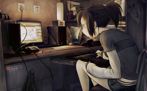 HD wallpaper: anime character sit on chair in front of computer, digital art | Wallpaper Flare