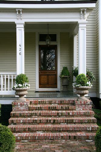 built in place for planters on each side More Front Porch Stairs, Brick Porch, Front Door Steps ...