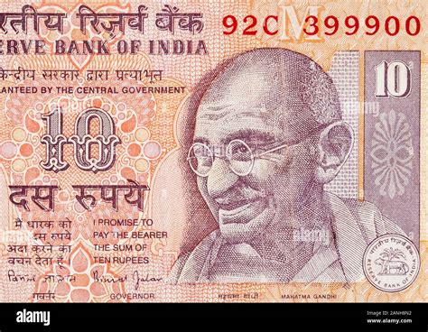 Mahatma Gandhi face on Indian bank note ten rupees. 10 Rupee National ...