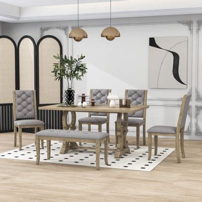 August Grove® Athira 6 - Piece Trestle Dining Set, Unique-Designed Table, Upholstered Chairs and ...