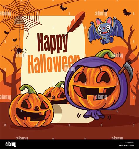 Happy Halloween. Cartoon cute orange pumpkin with grim reaper costume ...