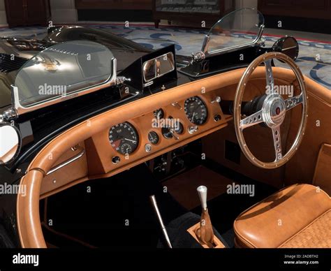 Interior of a 1954 Jaguar XK120 on display in the rotunda of the Royal Automobile Club Pall Mall ...