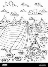 Coloring Page With Tent Placed In Nature Opened Fire And Clouds  sketch template
