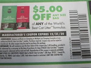 15 Coupons $5/1 Worlds's Best Cat Litter 12/31/2020