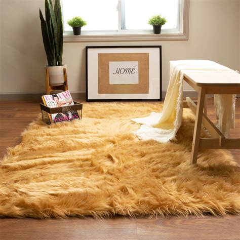 Super Area Rugs Serene Silky Faux Fur Fluffy Shag Rug Light Brown 6' x ...