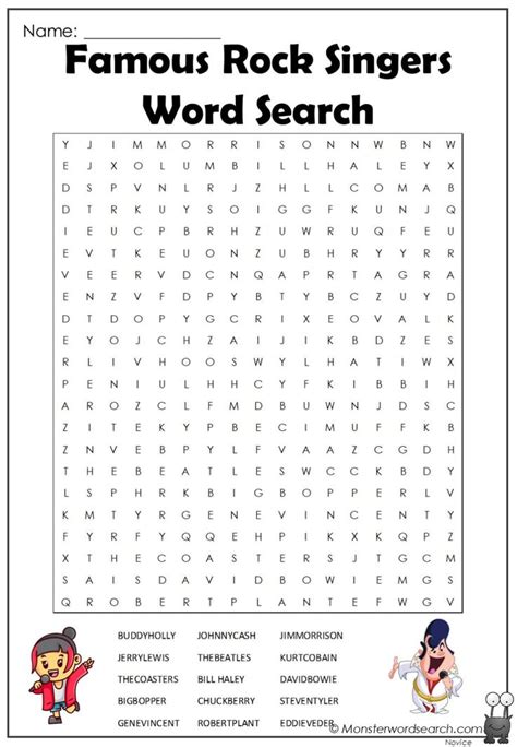 Famous Rock Singers Word Search | Singer, Music word search, Free ...