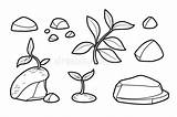 Set Of Stones And Moss Sprouts Growing On Them Linear Drawing For  sketch template