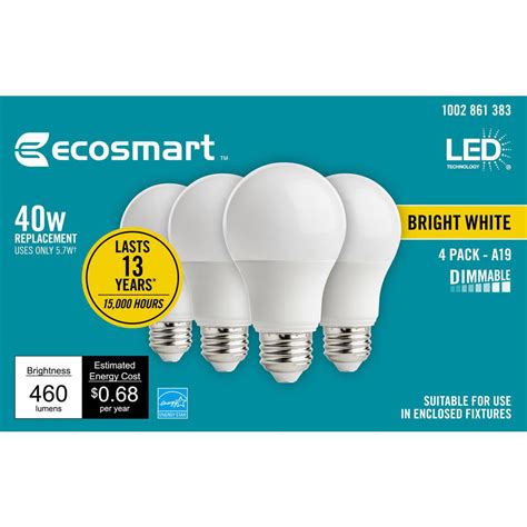 EcoSmart 40-Watt Equivalent A19 Dimmable Energy Star LED Light Bulb Bright White (4-Pack ...