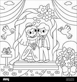 Vector Black And White Wedding Scene With Cute Just Married Couple  sketch template