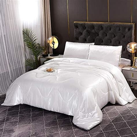 Silk Comforter Set White, Queen Bedding Set, Satin Silky Soft Luxury Quilt Comforter with 2 ...