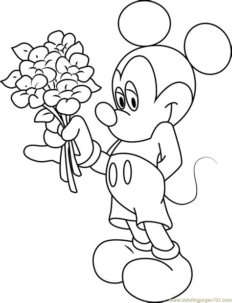 Mickey Mouse Having Flowers in Hand Coloring Page for Kids - Free Mickey Mouse Printable ...