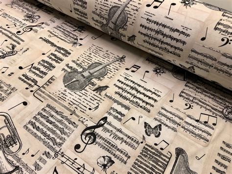 Vintage Violin & Music Notes Fabric for Curtains Upholstery cotton material – 55"/140cm extra ...