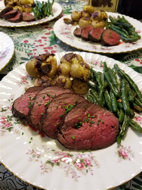 Christmas dinner: Reverse seared beef tenderloin, crispy creamy inside-out garlic potatoes, and ...