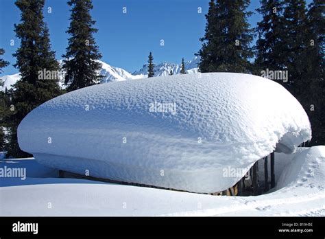 USA, Alaska. A small log cabin in the Alaska Range is covered with snow ...