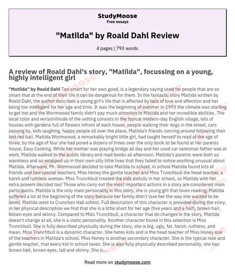 "Matilda" by Roald Dahl Review Free Essay Example