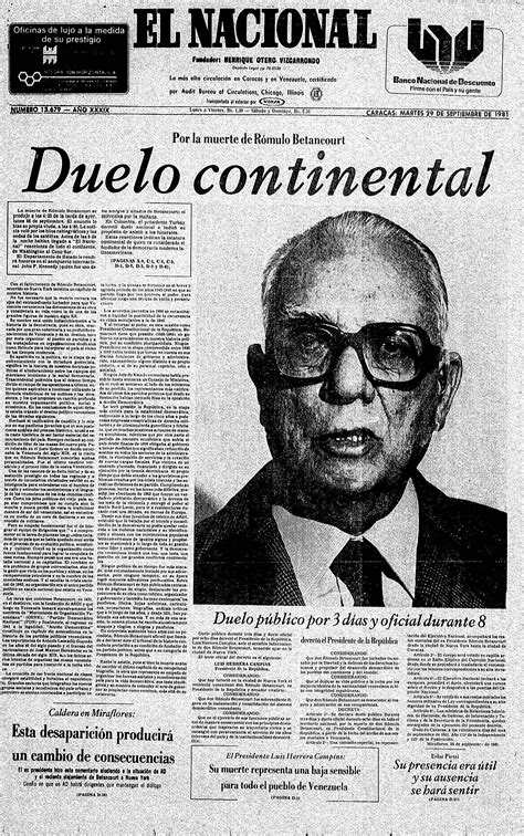 Duelo Continental por la muerte de Rómulo Betancourt. Publicado el 29 de septiembre de 1981 ...