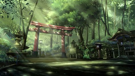 Download hd wallpapers of 167182-anime, Landscape, Torii, Sun Rays, Forest, Asian Architecture ...